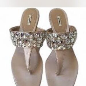 Embellished Nude T-Strap Sandals